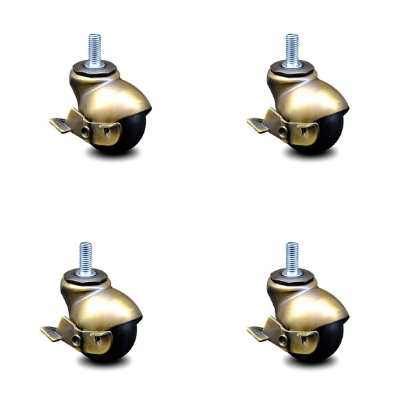 2 Inch Antique Brass Hooded 5/16 Inch Threaded Stem Ball Caster with Brake, 4PK